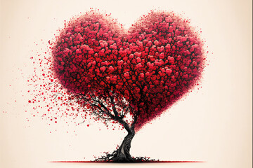 cherry Red heart shaped tree love realistic 3d render concept for Valentine's day card, 