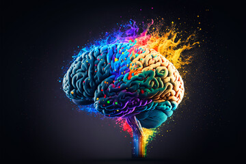 human brain colorful splash 3d render concept for intelligence process of creativity and brainstorm the idea