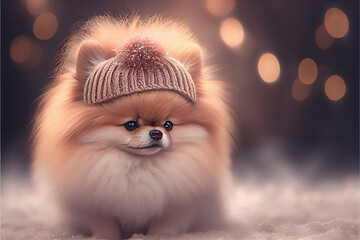 Portrait of cute fluffy chibi,Pomeranian dog, sunny background, wearing knit beret a vintage luxurious accessories,bokeh snowflakes,soft focus effect