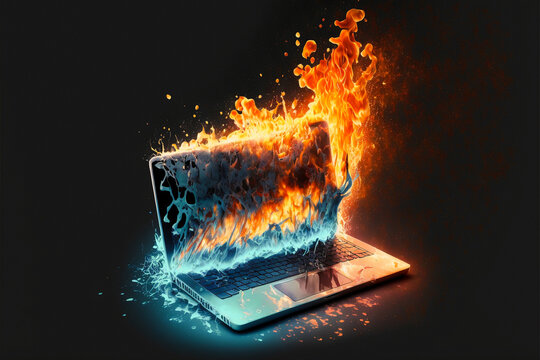 Burning Laptop On Fire And Flames 3d Render Concept For Computer Overload, Repair, Broken Electrical Device