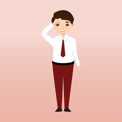  Elementary School Boy Student Wearing Red and White Uniform. Cartoon Vector Illustration. Portrait of an elementary school student. School students children with backpacks, books, macbook. 