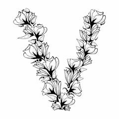 Floral monogram, letter V floral font. Can be used as a logo, monogram, coloring page, icon and for your decor