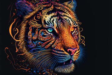 Colorful Tiger in a psychedelic style background, Rainbow Tiger fantasy, Neon tiger, generative ai.