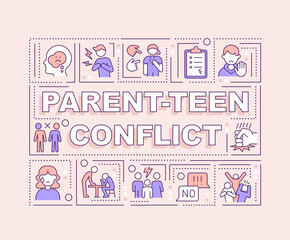 Parent teen conflict word concepts pink banner. Family issues. Infographics with editable icons on color background. Isolated typography. Vector illustration with text. Arial-Black font used