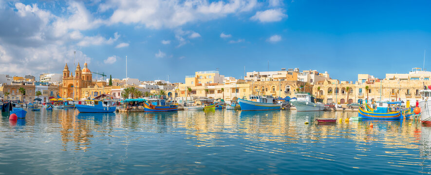 Landscape with harbor of Marsaxlokk, Malta country