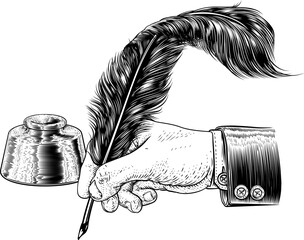 A hand in business suit holding writing with a quill feather antique pen with ink well. In a retro vintage engraved or etched woodcut print style.