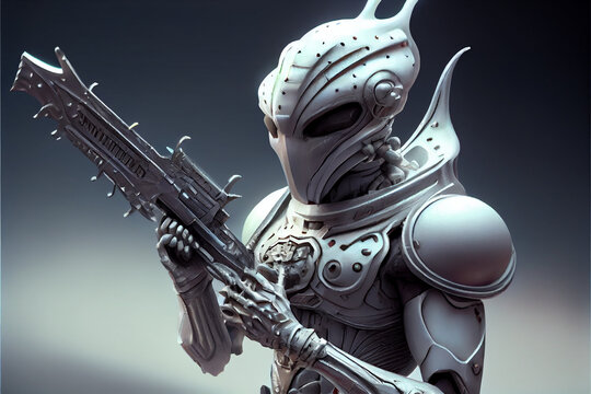 An intergalactic white knight alien with  weapon realis.
