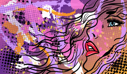 Colourful modern vector illustration in pop art style with the abstract lady in old fashion comics style. Hand-drawn vector illustration.