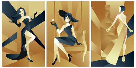 art deco illustrations of bottle of wine and fashion ladies	