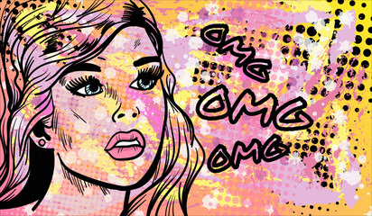 Vector illustration in pop art style with the abstract lady in old fashion comics style with the phrase "Omg".