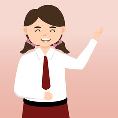  Elementary School girl and Boy Student Wearing Red and White Uniform. Cartoon Vector Illustration. Portrait of an elementary school student. School students children with backpacks, books, macbook. 