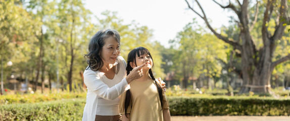 Naklejka premium Happy granddaughter and her grandmother at summer park, family, leisure and people concept