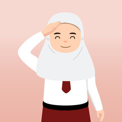  Elementary School girl and Boy Student Wearing Red and White Uniform. Cartoon Vector Illustration. Portrait of an elementary school student. School students children with backpacks, books, macbook. 