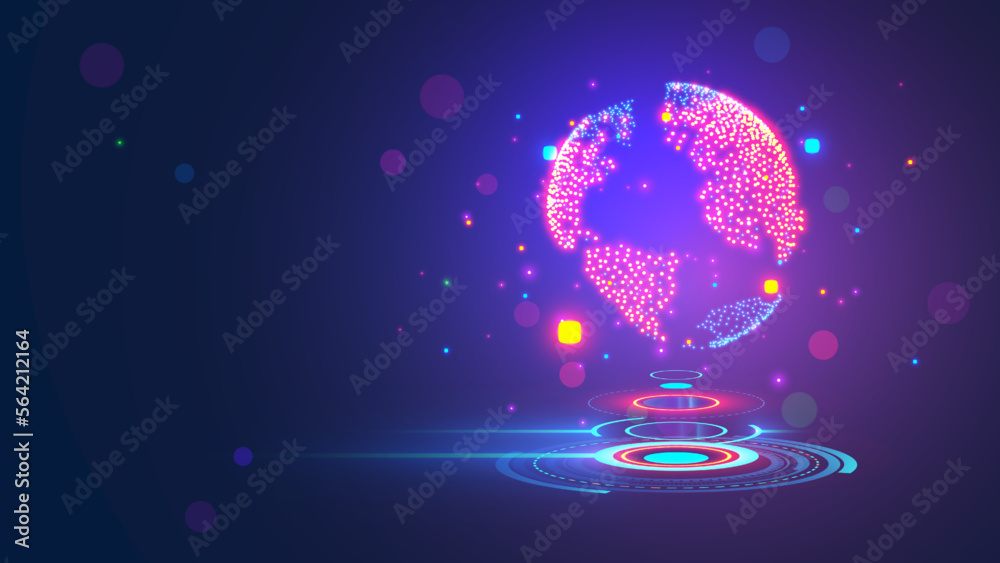 Aufkleber Earth globe consisting light dots n dark background. Earth day conceptual illustration. 3d sci-fi interface of hanging World map over dashboard. Holographic globe in tech computer games style.