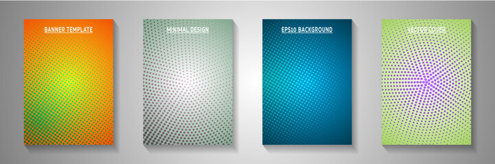 Decorative dot perforated halftone cover page templates vector batch. Industrial journal faded