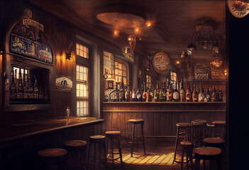 Fototapeta na wymiar Beer bar pub, long table with chairs.