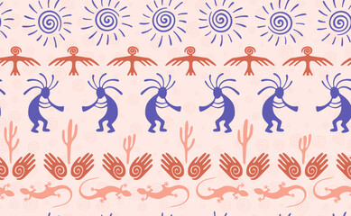 Kokopelli with flute, pangolin, hawk, sun symbol, hands and plant tribal vector seamless pattern.