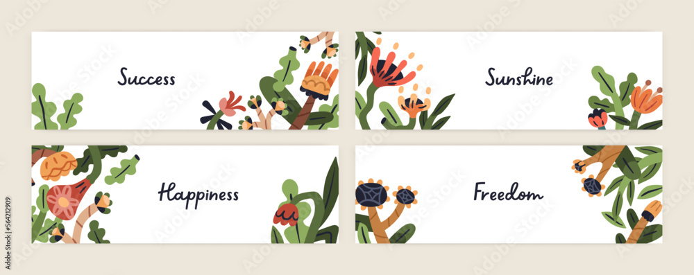 Poster floral banners set. spring backgrounds designs with primitive fancy stylized plants, abstract naive 