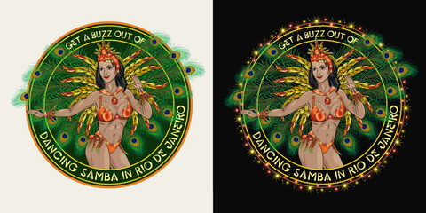 Round label with brazilian samba female dancer, lights garland, text. Latino girl wearing shiny festival costume with colorful feathers. Decor for Brazilian carnival in vintage style.