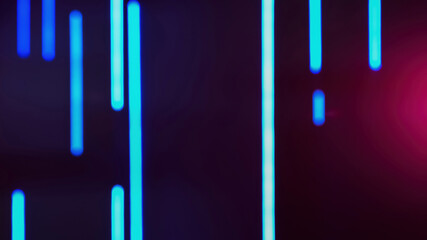 Blur neon light. Fluorescent background. LED laser. Defocused luminous blue purple color glow stripes on dark abstract free space.