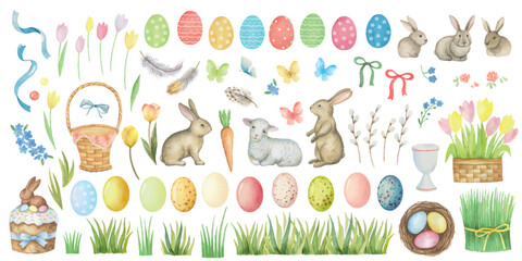 Watercolor vector set of Easter elements, eggs, Rabbits, baskets, flowers, butterflies, flowers, green grass. - 564213341