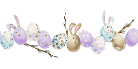 Watercolor hand drawn Easter celebration clipart. Seamless border with eggs, bunnies, flowers, leaves and willow. Isolated on white background. Invitations, gifts, greeting cards, print, textile