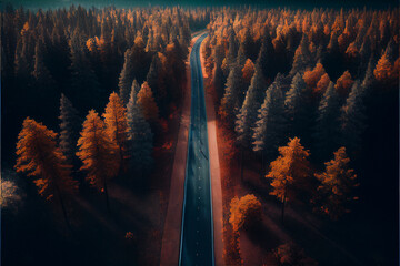 Aerial photography of a empty road in between forest