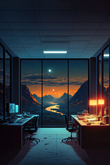 messy office with a view of beautiful mountain and river landscape from window, night view, digital illustration made with generative AI technology