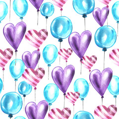 Valentines Day watercolor seamless pattern. Colorful balloons.