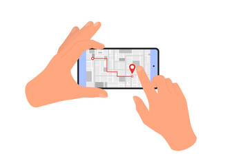 Hands holding smartphone with map navigation. Mobile GPS navigation and tracking concept. Flat vector illustration.