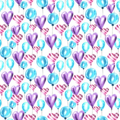 Valentines Day watercolor seamless pattern. Colorful balloons.