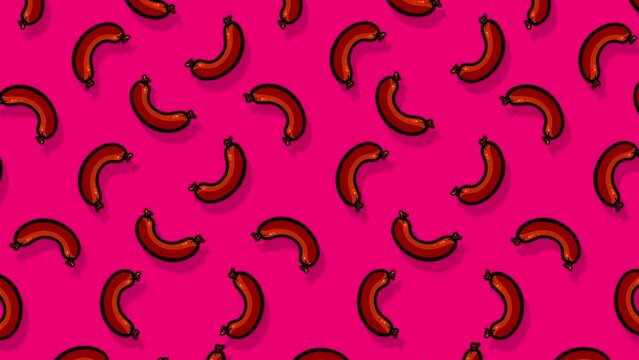 Sausages rotating cartoon wallpaper walking on pink background. Cute animation good as backdrop for intro, party, television programme, presentation, etc... Seamless loop.