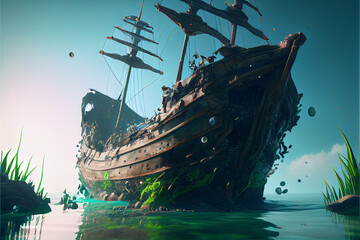 Pirate shipwreck, tattered sails - obrazy, fototapety, plakaty