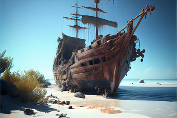 Pirate shipwreck, tattered sails