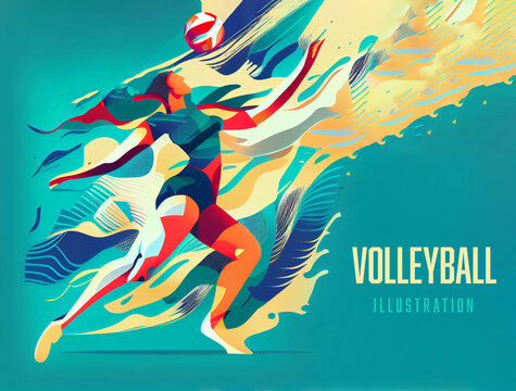 Realistic volleyball player on blue background. Volleyball player woman hits the ball. Art illustration. Generating Ai.