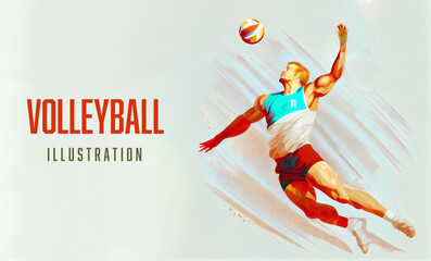 Fototapeta na wymiar Realistic volleyball player on white background. Volleyball player man hits the ball. Art illustration. Generating Ai.