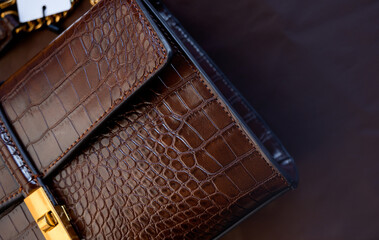 Beautiful brown leather women's bag under crocodile skin. Fashion bag. Close-up. place to test