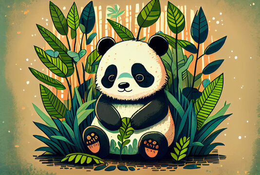 A panda bear sitting in the grass with a plant in its paws and a bamboo plant in the background