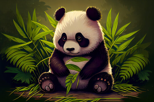 A panda bear sitting  in the jungle with a plant in its paws and a green background.