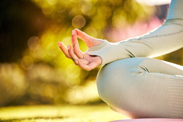 Yoga meditation, peace and hands of woman meditate for spiritual mental health, chakra energy...