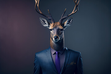 Portrait deer in a business suit on an isolated black background, generative ai