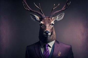 Portrait deer in a business suit on an isolated black background, generative ai