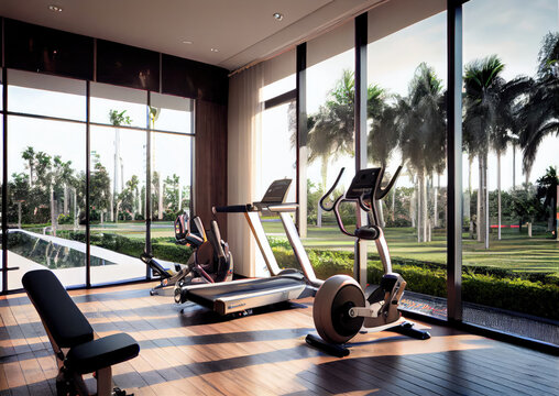 Fitness center gym in hotel and condominium for sport people workout with nature background. Generative AI