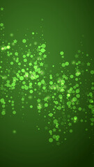 Snowy christmas background. Subtle flying snow flakes and stars on christmas green background. Delicate sweet snowy christmas. Vertical vector illustration.