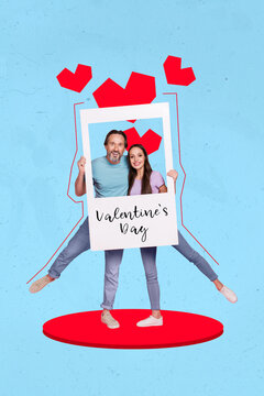 Vertical collage image of two excited positive people hands hold paper album card valentine day photo zone isolate don drawing background
