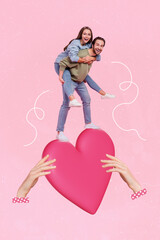 Vertical collage image of arms hold big heart two mini people piggyback have fun isolated on creative pink background