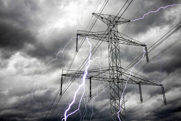 Bright lightning bolts from electric power pylon tower.  Electricity discharge clouds - obrazy, fototapety, plakaty
