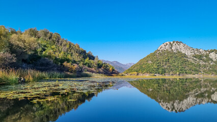 Scenic view of Lake Skadar National Park in autumn near Virpazar, Bar, Montenegro, Balkans, Europe. Travel destination in Dinaric Alps, Albanian border. Stunning landscape water reflection in nature