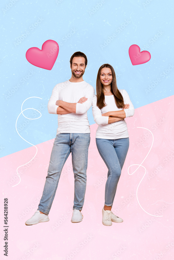 Sticker vertical collage image of two positive cheerful partners crossed arms painted hearts isolated on div