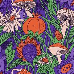 Psychedelic nature pattern with fruits, fantastic flowers and fly agaric. 70s style. High quality illustration